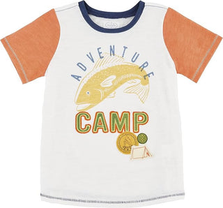 Boys cotton slub tee with orange sleeves and “Adventure Camp” fish appliqué; perfect for summer outings or camp days.