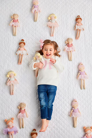 Plush ballerina dolls with pastel tutus and sweater knit yarn hair—perfect for snuggling, gifting, or recital keepsakes.