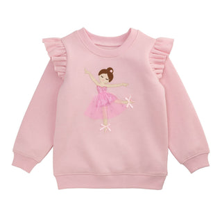 Pink ballerina sweatshirt with sequin and tulle applique, ruffle sleeves, and ribbed trim—perfect for little dancers and cozy days.
