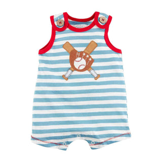 Mud Pie Striped Baseball Romper – blue and white stripe baby romper with red trim and appliqué glove, ball, and bats.