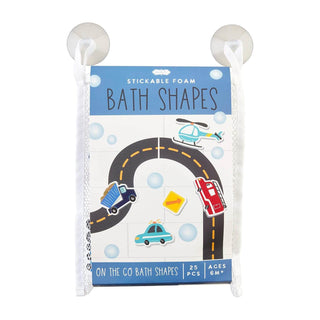 Mud Pie Transportation Bath Stickers – 25-piece foam set with vehicles and signs for bath time fun; includes mesh storage bag.