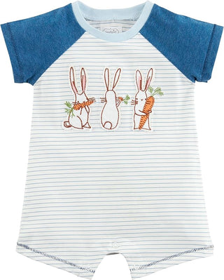 Mud Pie baby boy bunny appliqué shortall with raglan sleeves, soft cotton-spandex blend, and inner leg snaps for easy diaper changes.