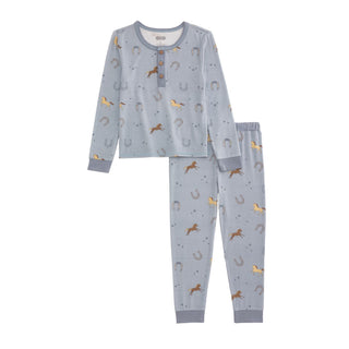 Blue Western-themed bamboo pajamas with horses and horseshoes—cozy two-piece set for your little cowboy’s bedtime routine.