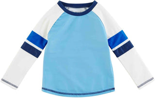 Mud Pie Blue Rashguard Long-Sleeve Shirt – light blue body with navy and royal sleeve stripes, perfect for sun-safe play.