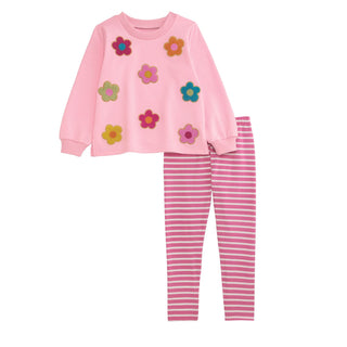 Pink sweatshirt with boucle flower appliqués and striped leggings—cozy, colorful, and playful for everyday wear.
