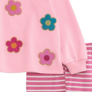 Pink sweatshirt with boucle flower appliqués and striped leggings—cozy, colorful, and playful for everyday wear.