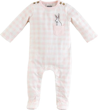 Mud Pie baby girl pink footed sleeper with bunny chest pocket, wood button detail, and snap legs for easy diaper changes.