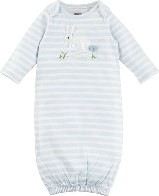 Blue striped baby boy gown with long sleeves and white crochet bunny appliqué, made from soft cotton with an elastic bottom hem.