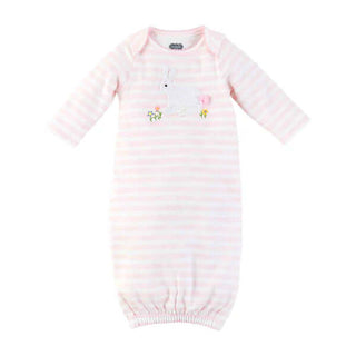 Pink striped baby gown with long sleeves and crochet bunny appliqué, featuring a soft cotton interlock and elastic hem for comfort.