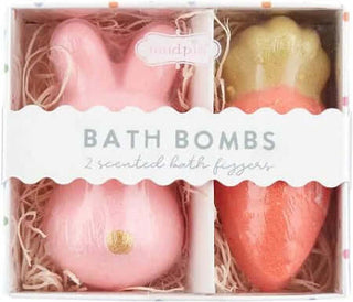 Mud Pie Easter Bath Bomb Set with bunny and carrot fizzers in pastel colors – perfect for kids’ Easter baskets.
