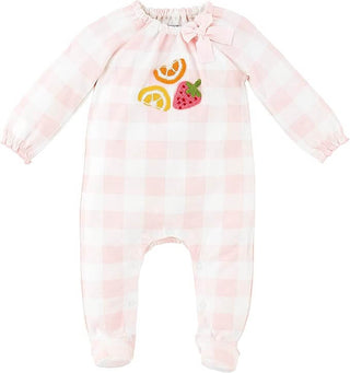 Pink gingham footed sleeper with strawberry, orange, and lemon appliqués and a sweet bow neckline by Mud Pie.