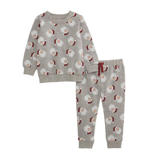 Mud Pie gray sweatshirt and jogger set for kids with all-over Santa print—cozy French terry fabric for holiday lounging and play.