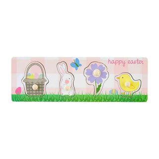 Mud Pie Happy Easter Puzzle with bunny, chick, flower, and basket pieces – a sweet springtime toy for toddlers and Easter gifts.