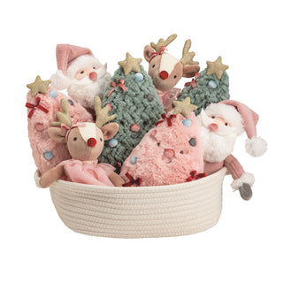 Mud Pie holiday plush pals including Santa, reindeer, green tree, and pink tree—soft, festive décor perfect for gifting or display.
