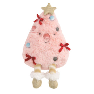 Pink plush Christmas tree with faux fur texture and ribbon accents for a sweet, cozy holiday touch