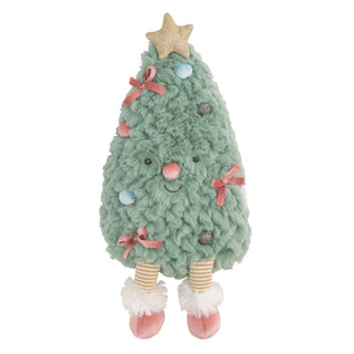 Green knit Christmas tree with textured branches and colorful pom-pom ornaments for festive flair