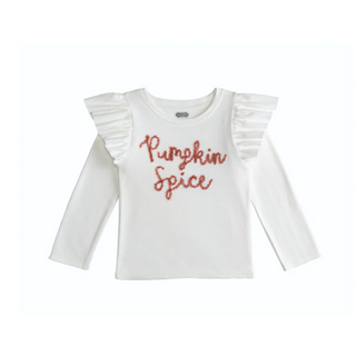 Girls long sleeve tees with ruffle shoulders and tinsel wording—available in ivory “Pumpkin Spice” or pink “Cutie Pie” for fall charm.