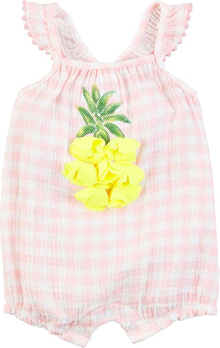 Mud Pie Pineapple Appliqué Bubble – pink gingham baby romper with ruffle sleeves and a bright yellow 3D pineapple appliqué.