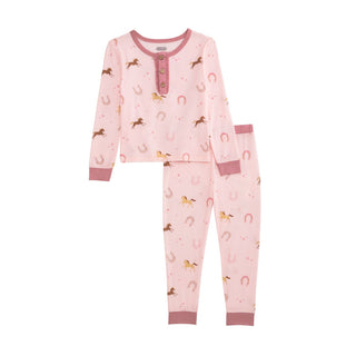 Pink Western bamboo pajamas for girls with horseshoe and pony print—soft 2-piece sleep set for your little cowgirl’s bedtime routine.