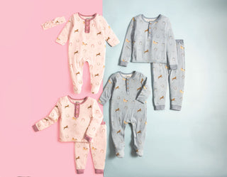 Pink and blue horse and horseshoe pajamas by Mud Pie – soft Western print jammies for kids in matching sibling sets.