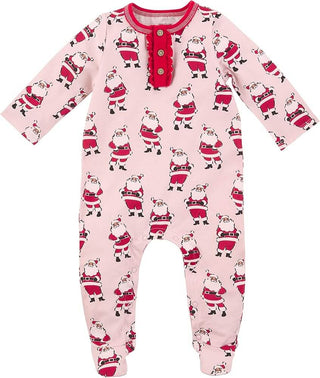 Pink baby sleeper with allover Santa print and red ruffle button placket; soft cotton fabric for cozy holiday nights.