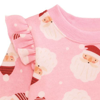 Pink baby bubble with Santa print, ruffle shoulders, and cozy French terry fabric—perfect for holiday photos and festive comfort.