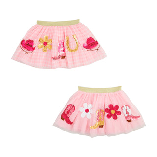 Mud Pie pink Western tutus with sequin boots, hats, and flowers—available in gingham or tulle for your little cowgirl's dress-up and play.