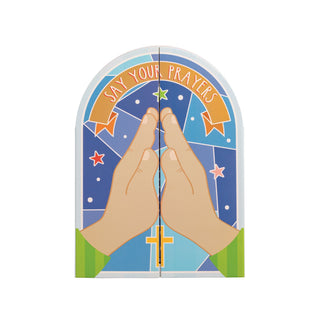 Fold-out musical prayer book with praying hands cover—plays “Jesus Loves Me” and introduces prayer to little ones.