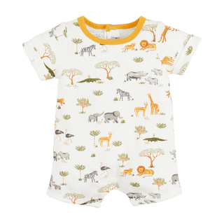 Mud Pie baby shortall with safari animal print—lions, elephants, giraffes, zebras—on soft waffle knit fabric with mustard trim.