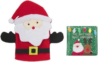 Santa bath mitt and vinyl Christmas book set by Mud Pie—perfect for holiday bath time fun and sensory play with little ones.