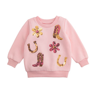 Girls’ pink sweatshirt with sparkly Western boots, horseshoes, and flowers—cozy French terry pullover with Southern cowgirl flair.