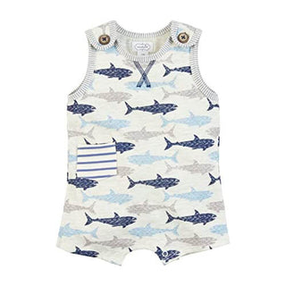 Mud Pie sleeveless shark romper for baby boys with wood buttons, striped pocket detail, and snap leg closure for easy changes.
