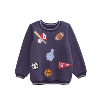 Boys navy sweatshirt with sporty patches—features football, baseball, soccer, and basketball for your little all-star.