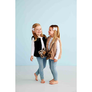 Girls’ taupe faux fur vest with hook-and-eye closure—perfect for layering over fall dresses, tops, or sweaters for cozy, classic style.