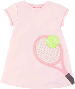 Mud Pie Tennis T-Shirt Dress – light pink short sleeve dress with appliqué tennis racket and neon green ball, perfect for sporty girls.