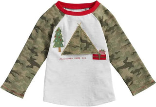 Boys’ long sleeve Christmas tee with camo sleeves, tent applique, Santa and reindeer detail—perfect for holiday adventures.