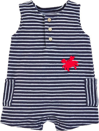 Mud Pie terry stripe romper with crochet crab appliqué, coconut buttons, side pockets, and easy inner leg snap closure.