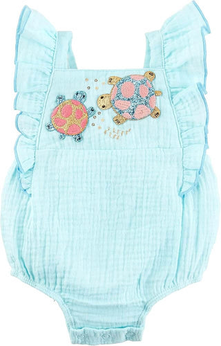 Aqua baby bubble romper with flutter sleeves and glittery turtle appliqués, made from soft cotton gauze by Mud Pie.