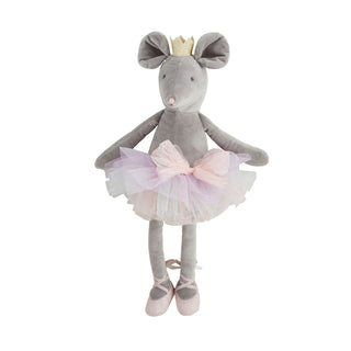 Gray velvet ballerina mouse plush in pink and lavender tutu with gold crown