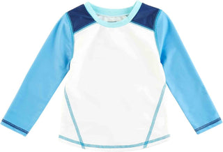 Mud Pie White Rashguard Long-Sleeve Shirt – white body with aqua sleeves and navy shoulder panels for stylish sun protection.