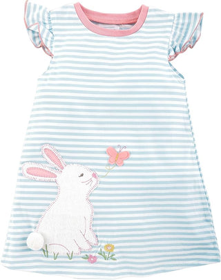 Mud Pie girls’ striped Easter dress with flutter sleeves and bunny appliqué—adorable spring outfit for baby and toddler girls.