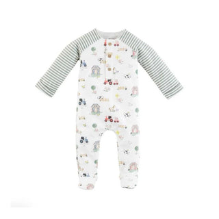 Mud Pie footed farm sleeper with striped raglan sleeves, farm animal print, coconut buttons, and snap legs for easy changes.