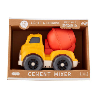 Mud Pie Yellow Cement Mixer Truck with lights and sounds, made from eco-friendly bioplastic—perfect for toddlers 18 months and up.