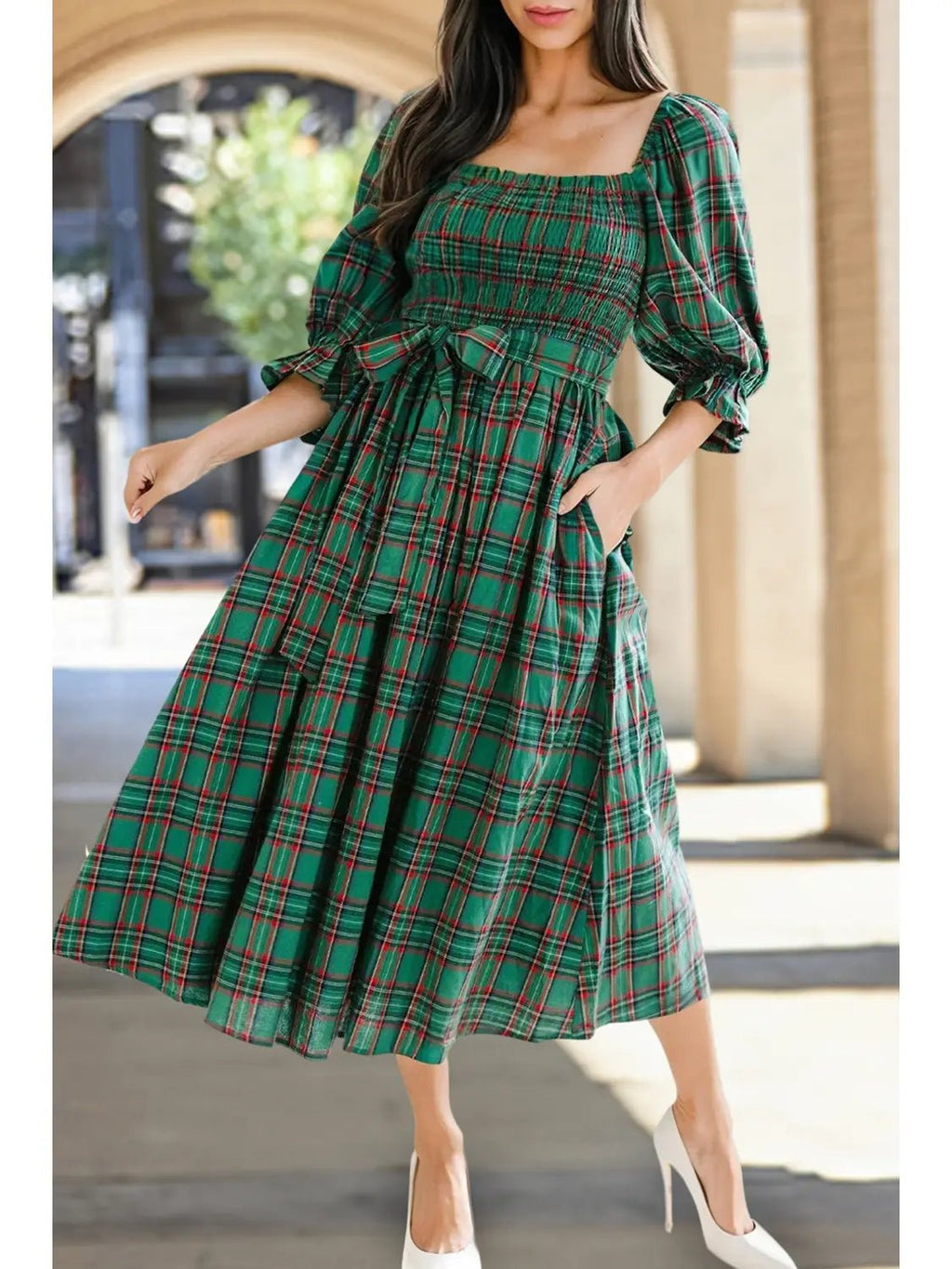 Plaid Holiday Dress with Bow