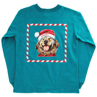 J. Bailey teal boys long sleeve tee with festive Santa dog print wearing hat and scarf, perfect for holiday photos and winter fun.