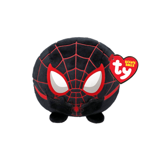 TY Miles Morales Marvel Bounce Ball – 4-inch plush with bold red webbing, soft fabric, and weighted to land upright every time.
