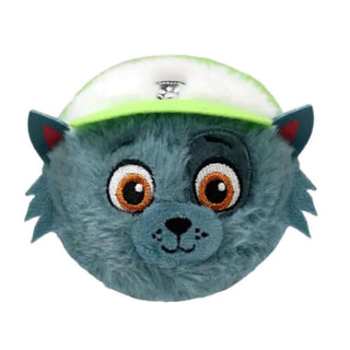 TY Rocky Bounce Ball – round Paw Patrol plush with green cap, fuzzy gray fur, and big eyes in TY’s Beanie Bouncer eco-pup design.