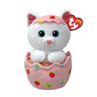 TY Giggles Beanie Boo – white Easter kitty plush with sparkly blue eyes, pink egg shell hat, and colorful polka-dot egg base.