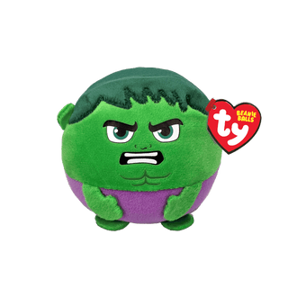 TY Hulk Bounce Ball – 4-inch green plush superhero with purple shorts and fierce face, weighted to land upright every time.