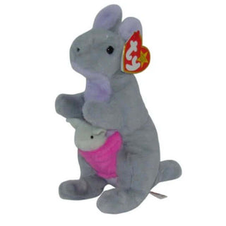 Kayla the Kangaroo Ty Beanie Baby – soft gray plush with baby joey in pouch, perfect for cuddling, gifting, or collecting.